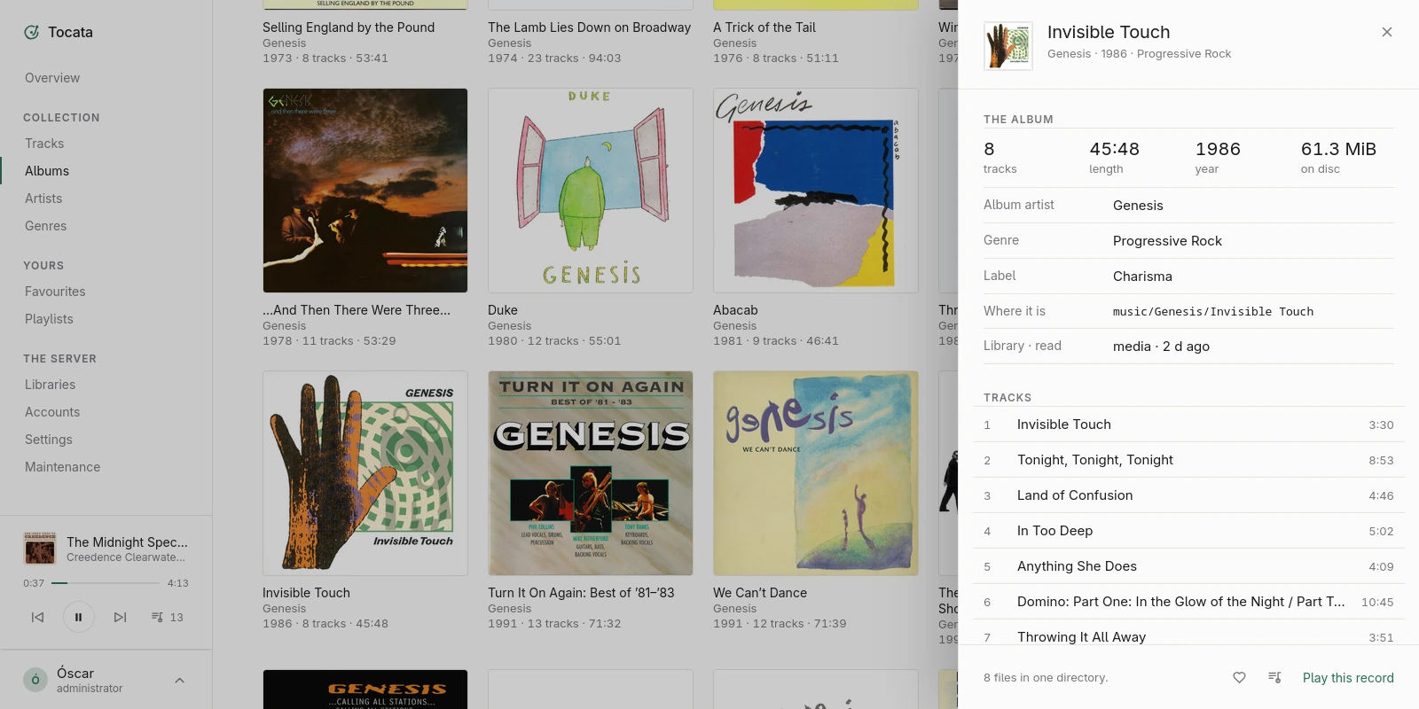 A panel over the album grid showing one record: its tracks, its length,
                 its label and where it is on disk.