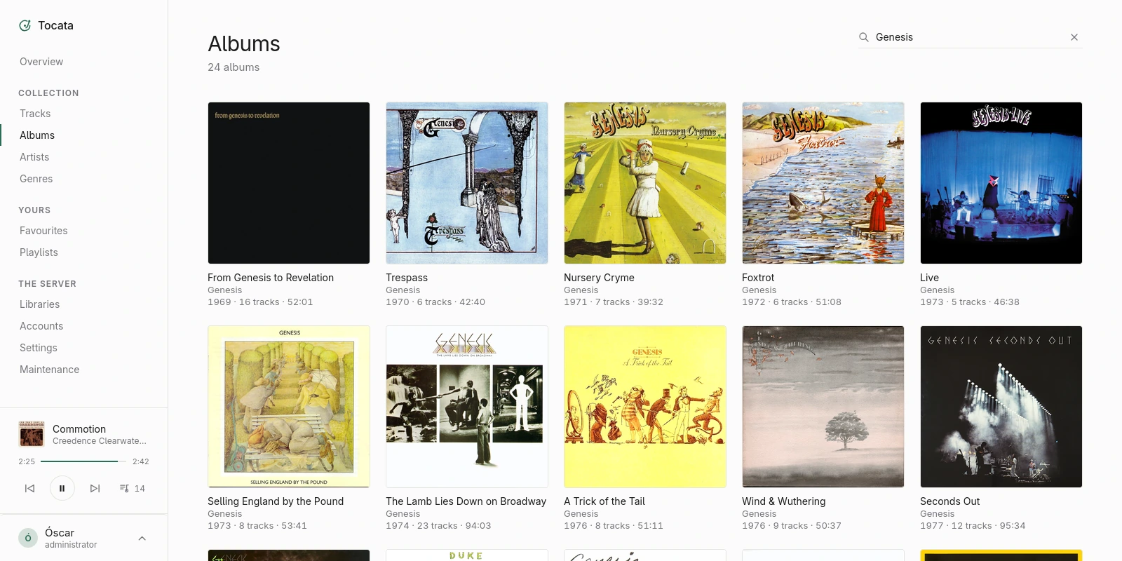 A grid of album covers filtered by a search for Genesis, each with its
                 artist, year, number of tracks and length.