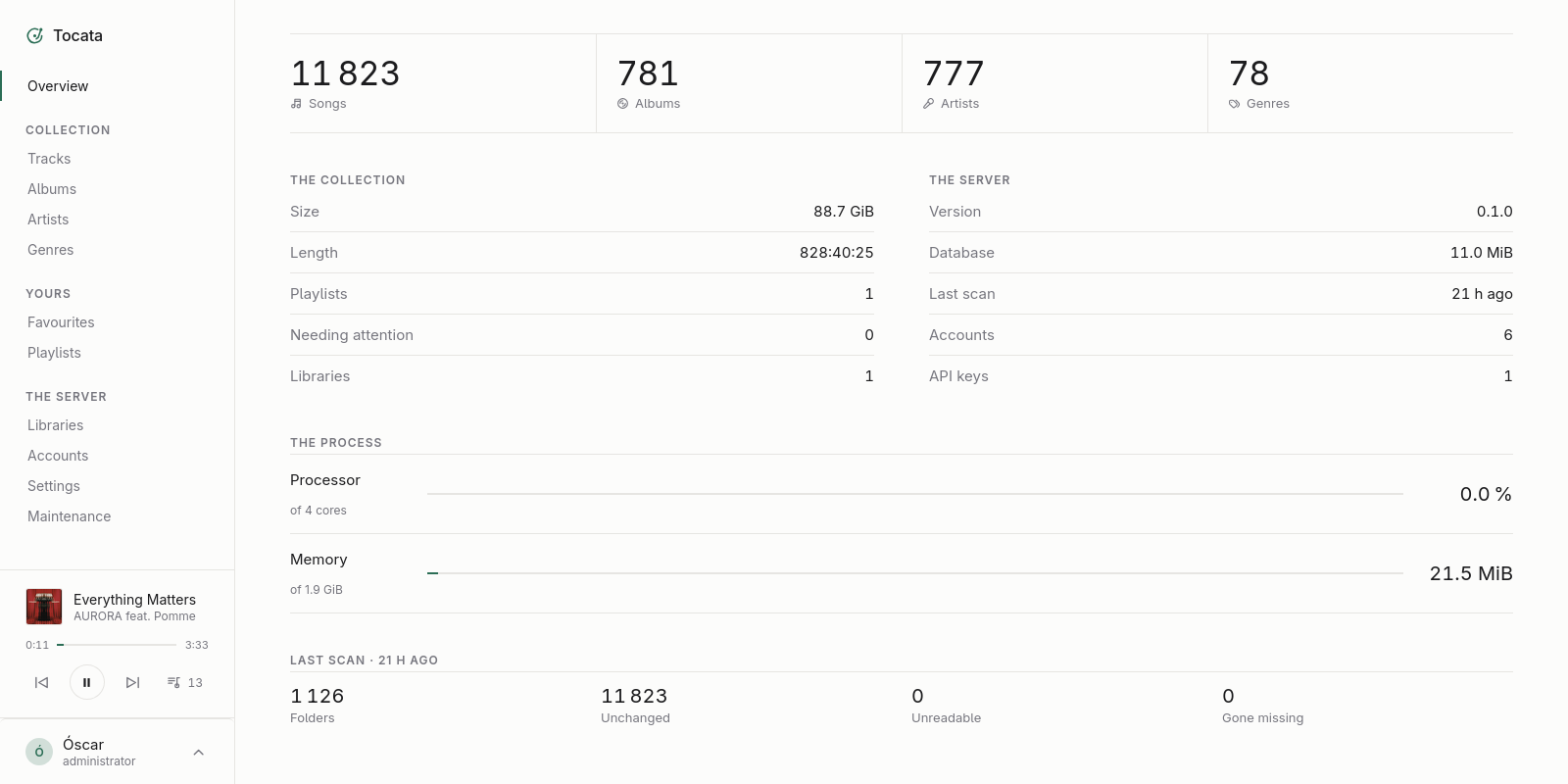 The overview screen: counts of songs, albums, artists and genres, the
                 collection's size and length, what the process is costing, and what the
                 last scan found.